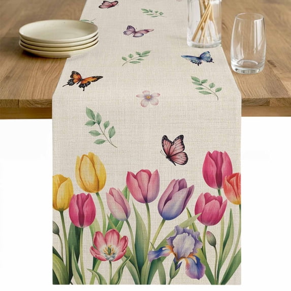 Tulips Spring Floral Table Runner - 120 Inch Long Pastoral Flowers Butterfly Rustic Cotton and Linen Blended Dress Scarves Farmhouse Table Runner for Kitchen Dining, Coffee Table, 13" x 120"