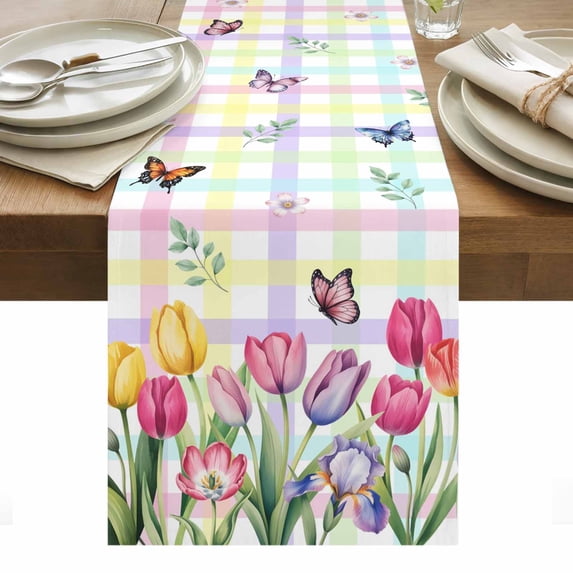 Tulips Spring Floral Table Runner - 48 Inch Long, Kitchen Dining Table Runner Dresser Scarves, Flowers Butterfly Plaid Pastoral Farmhouse Decor for Coffee Tables Wedding Party Banquet