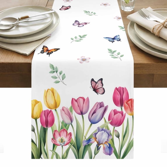 Tulips Spring Floral Table Runner - 70 Inch Long, Kitchen Dining Table Runner Dresser Scarves, Pastoral Flowers Butterfly Farmhouse Farmhouse Decor for Coffee Tables Wedding Party Banquet