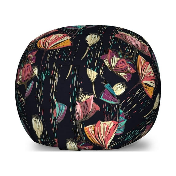 Tulips Storage Toy Bag Chair, Colorful Tulips Dashed Lines Background in Dark Shades Hand Drawn Fantasy Bouquet, Stuffed Animal Organizer Washable Bag, Small Size, Multicolor, by Ambesonne