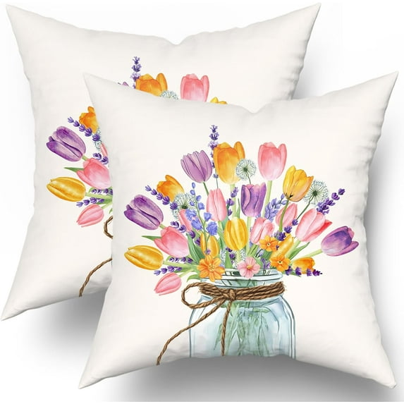 Tulips Throw Pillow Cover 16x16inch Set of 2 Spring Watercolor Flower Mason Jar Pillow Case Natural Floral Seasonal Cotton Cushion Case for Sofa Couch Home Patio