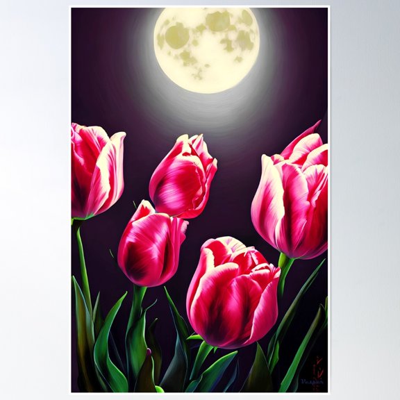 Tulips Under A Springtime Moon Poster Wall Art, Modern Wall Decor, 12x18 UNFRAMED