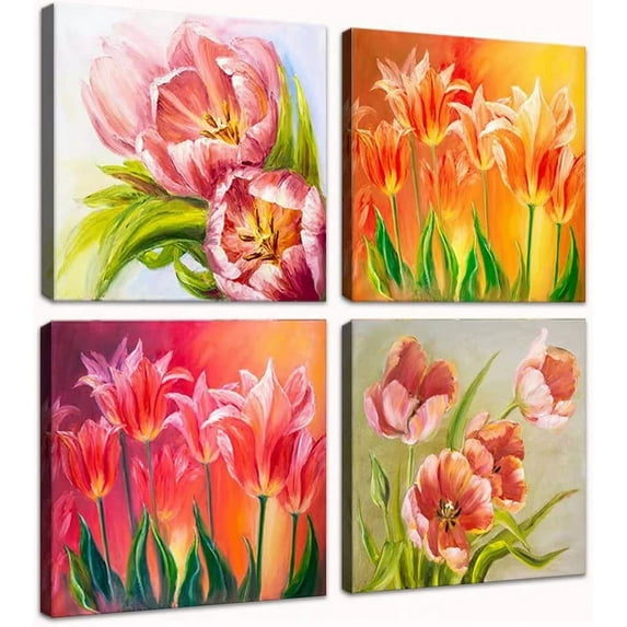 Tulips Wall Art Pink Flowers Canvas Wall Decor Abstract Print Home Decor Pictures Poster for Bedroom Living Room Bathroom Office Oil Painting Framed Ready to Hang 4 Panels (16x16inchx4)