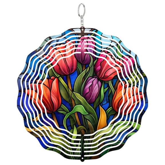 Tulips Wind Spinner Metal Outdoor Decor Stained Glass Art Vibrant Colorful