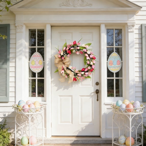 Tulips Wreath for Front Door,17.72in Artificial Wreath with Tulip and Green Leaves,Spring Summer Floral Wreaths,Spring Door Garlands,Artificial Flowers Wreaths Easter Garland
