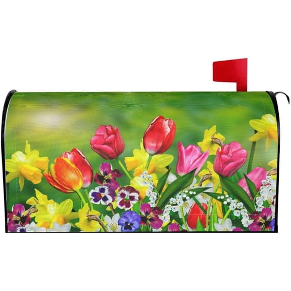 Tulips and Daffodils Flowers Mailbox Cover Magnetic Spring Summer Waterproof Mailbox Wraps Post Letter Box Decor 21x18 in