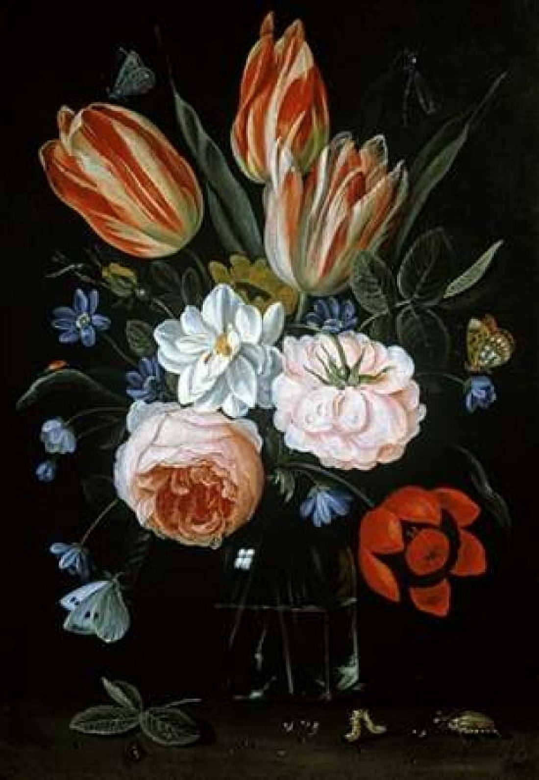 Tulips and Roses In A Glass Vase Canvas Art - Jan Van Kessel (20 x 28)