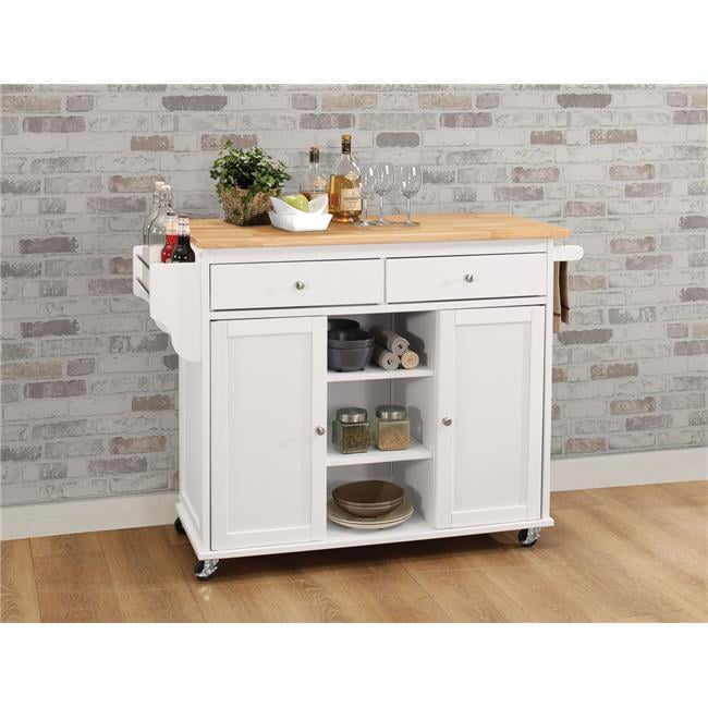 Charming Cottage-Style Natural & White Kitchen Cart with Wine Storage