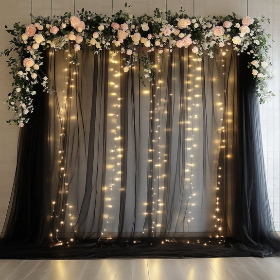 Tulle Backdrop Curtain with Lights String 10FT X 10FT Black Sheer Tulle Backdrop Curtains for Wedding Birthday Party Reception Photo Booth Background Decorations (2 Panels 5x10FT)