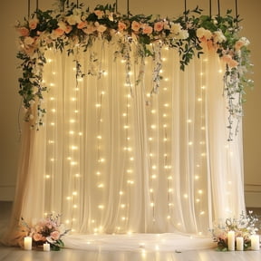 Tulle Backdrop Curtain with Lights String 10FT X 10FT Champagne Sheer Tulle Backdrop Curtains for Wedding Birthday Party Reception Photo Booth Background Decorations (2 Panels 5x10FT)