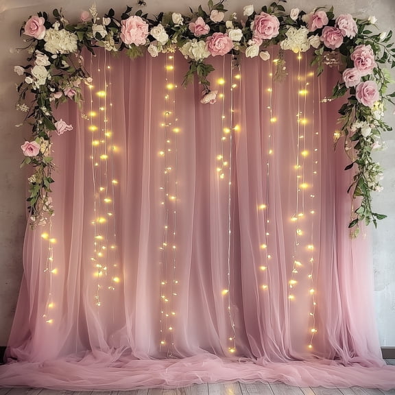 VGMiu Tulle Backdrop Curtain with Lights String 10FT x 10FT Dusty Rose Sheer Backdrop Curtains for Wedding Birthday Party Backdrops (2 Panels 5 x 10FT)