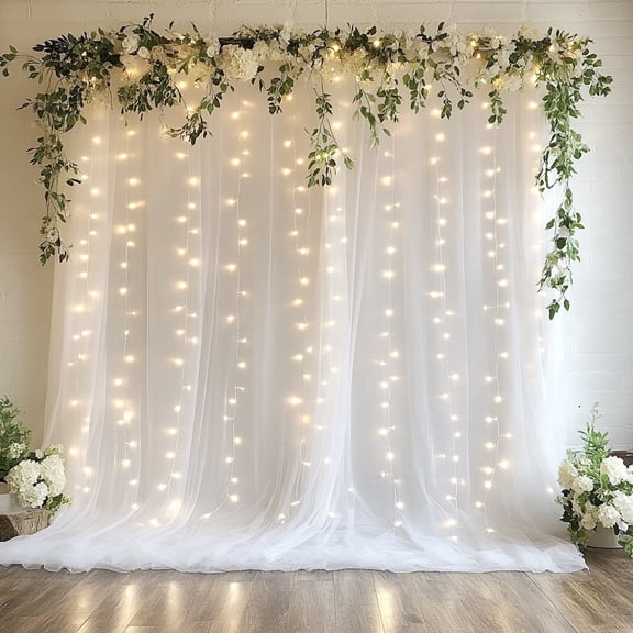 VGMiu Tulle Backdrop Curtain with Lights String 10FT x 10FT White Sheer Backdrop Curtains for Wedding Birthday Party Photo Backdrop (2 Panels 5x10FT)