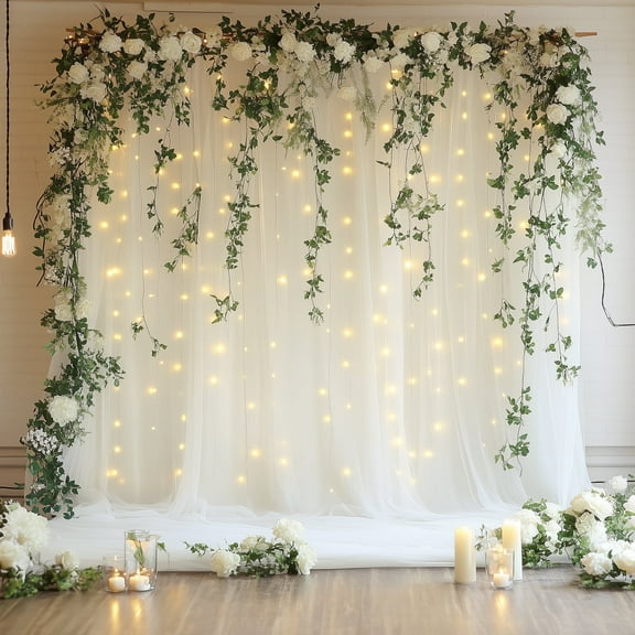 Tulle Backdrop Curtain with Lights String 10FT X 10FT lvory Sheer Tulle Backdrop Curtains for Wedding Birthday Party Reception Photo Booth Background Decorations (2 Panels 5x10FT)