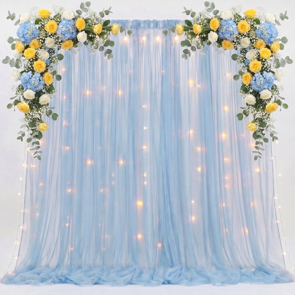 Tulle Backdrop Curtain with Lights String 10FT X 10FT Baby Blue Sheer Tulle Backdrop Curtains for Wedding Birthday Party Reception Photo Booth Background Decorations (2 Panels 5x10FT)