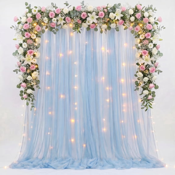 Cymbex Tulle Backdrop Curtain with Lights String 10ft x 8ft Baby Blue Sheer Curtains for Wedding Birthday Party Background Decor (2 Panels 5 x 8FT)