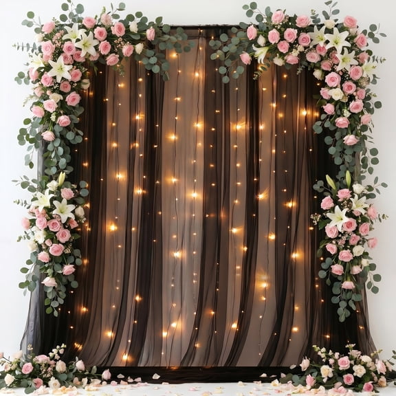Tulle Backdrop Curtain with Lights String 10FT X 8FT Black Sheer Tulle Backdrop Curtains for Wedding Birthday Party Reception Photo Booth Background Decorations (2 Panels 5x8FT)