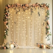 Tulle Backdrop Curtain with Lights String 10FT X 8FT Champagne Sheer Tulle Backdrop Curtains for Wedding Birthday Party Reception Photo Booth Background Decorations 2 Panels 5x8FT
