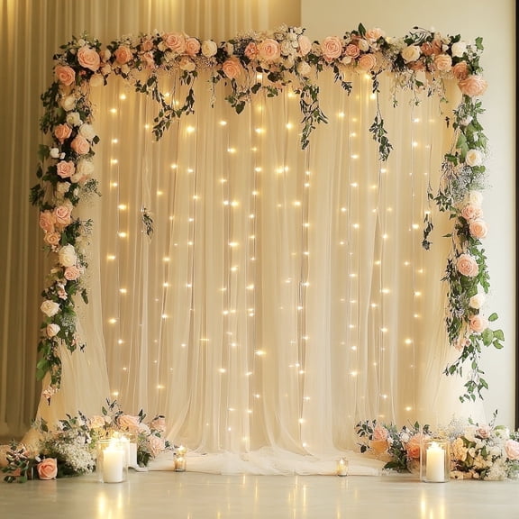 Tulle Backdrop Curtain with Lights String 10FT X 8FT Champagne Sheer Tulle Backdrop Curtains for Wedding Birthday Party Reception Photo Booth Background Decorations (2 Panels 5x8FT)
