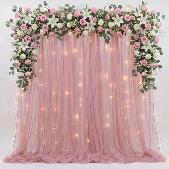 Tulle Backdrop Curtain with Lights String 10FT X 10FT Dusty Rose Sheer Tulle Backdrop Curtains for Wedding Birthday Party Reception Photo Booth Background Decorations (2 Panels 5x10FT)