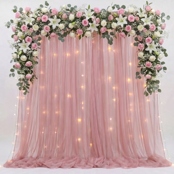 Cymbex Tulle Backdrop Curtain with Lights String 10 ft x 10 ft Dusty Rose Sheer Curtains for Wedding Birthday Party Background Decor(2 Panels 5x10 ft)