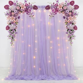 Cymbex Tulle Backdrop Curtain with Lights String 10 ft x 8 ft Lavender Sheer Curtains for Wedding Birthday Party Background Decor (2 Panels 5 x 8 ft)