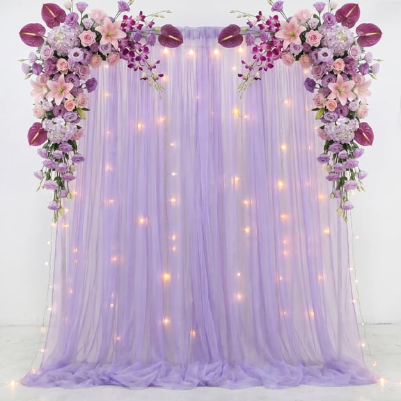 Cymbex Tulle Backdrop Curtain with Lights String 10 ft x 8 ft Lavender Sheer Curtains for Wedding Birthday Party Background Decor (2 Panels 5 x 8 ft)