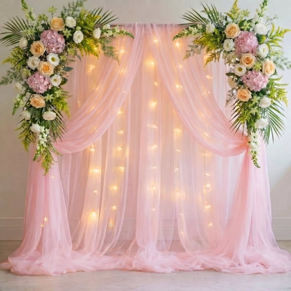 Cymbex Tulle Backdrop Curtain with Lights String 10 ft x 10 ft Pink Sheer Curtains for Wedding Birthday Party Background Decor (2 Panels 5 x 10 ft)