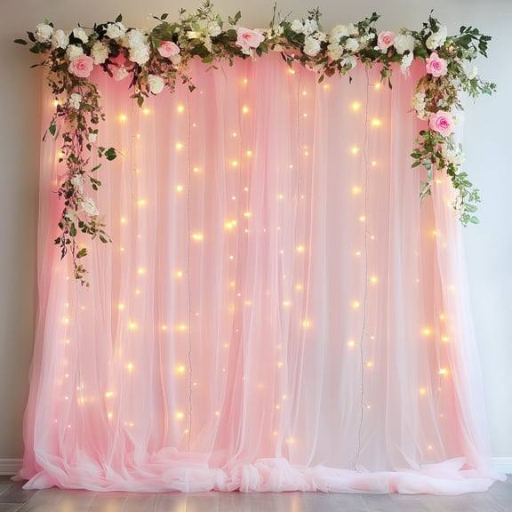 Tulle Backdrop Curtain with Lights String 10FT X 8FT Pink Sheer Tulle Backdrop Curtains for Wedding Birthday Party Reception Photo Booth Background Decorations (2 Panels 5x8FT)