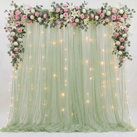 Cymbex Tulle Backdrop Curtain with Lights String 10 ft x 10 ft Sage Green Sheer Curtains for Wedding Birthday Party Decor (2 Panels 5 x 10 ft)