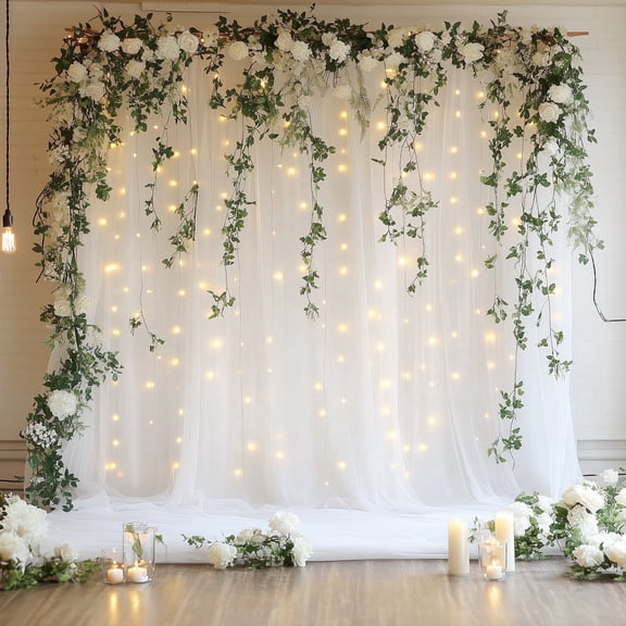 VGMiu Tulle Backdrop Curtain with Lights String 10FT x 8FT White Sheer Backdrop Curtains for Wedding Birthday Party Photo Backdrop (2 Panels 5x8FT)
