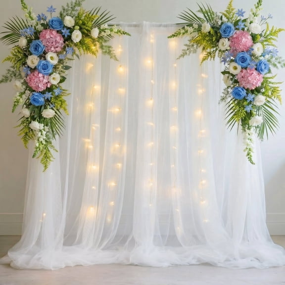 Cymbex Tulle Backdrop Curtain with Lights String 10 ft x 8 ft White Sheer Curtains for Wedding Birthday Party Background Decor (2 Panels 5 x 8 ft)