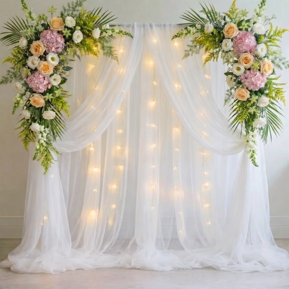 Tulle Backdrop Curtain with Lights String 10FT X 10FT White Sheer Tulle Backdrop Curtains for Wedding Birthday Party Reception Photo Booth Background Decorations (2 Panels 5x10FT)
