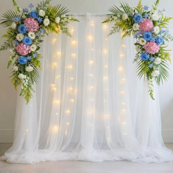 Tulle Backdrop Curtain with Lights String 10FT X 8FT White Sheer Tulle Backdrop Curtains for Wedding Birthday Party Reception Photo Booth Background Decorations (2 Panels 5x8FT)