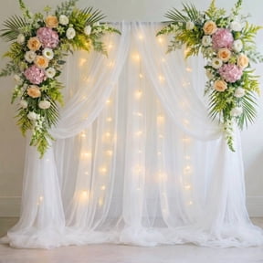 Cymbex Tulle Backdrop Curtain with Lights String 10 ft x 10 ft White Sheer Curtains for Wedding Birthday Party Background Decor (2 Panels 5 x 10 ft)