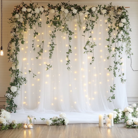 Tulle Backdrop Curtain with Lights String 10FT X 8FT White Sheer Tulle Backdrop Curtains for Wedding Birthday Party Reception Photo Booth Background Decorations (2 Panels 5x8FT)