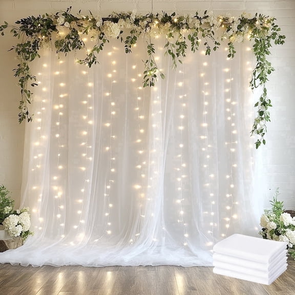 VGMiu Tulle Backdrop Curtain with Lights String 20FT x 10FT White Sheer Backdrop Curtains for Wedding Birthday Party Backdrops (4 Panels 5 x 10FT)
