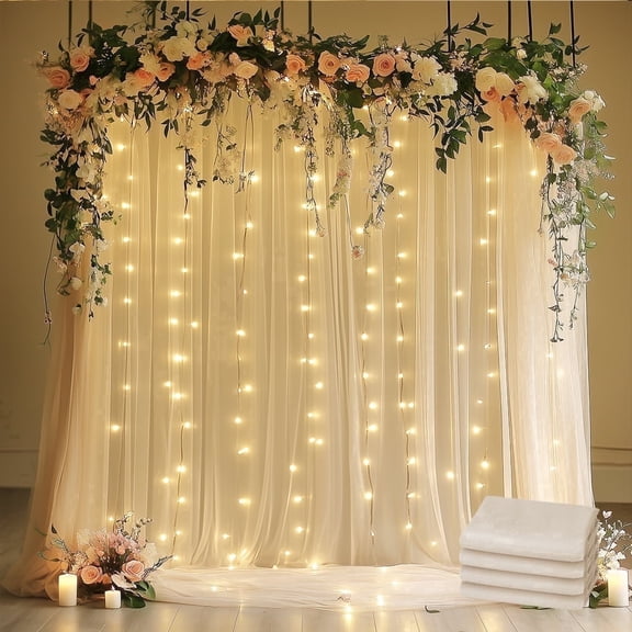 VGMiu Tulle Backdrop Curtain with Lights String 20FT x 10FT Champagne Sheer Backdrop Curtains for Wedding Birthday Party Backdrops(4 Panels 5 x 10FT)