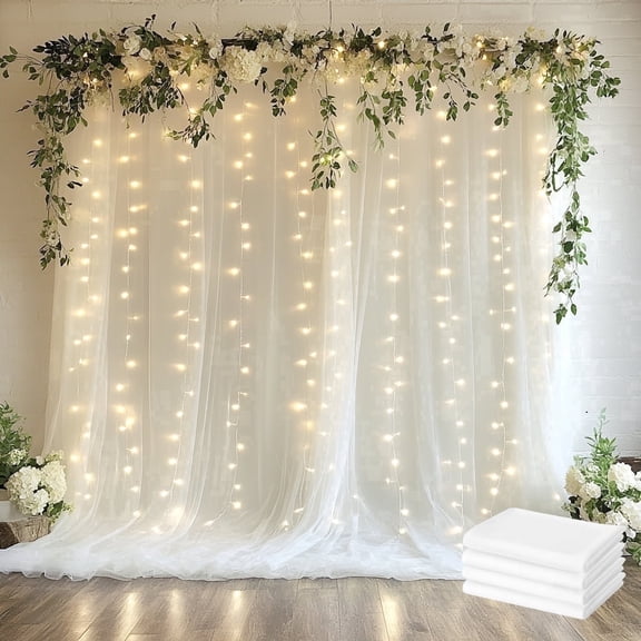 VGMiu Tulle Backdrop Curtain with Lights String 20FT x 10FT lvory Sheer Backdrop Curtains for Wedding Birthday Party Backdrops (4 Panels 5 x 10FT)