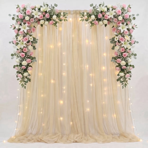 Cymbex Tulle Backdrop Curtain with Lights String 10ft x 8ft Champagne Sheer Curtains for Wedding Birthday Party Photo Shoot Decor (2 Panels 5 x 8ft)
