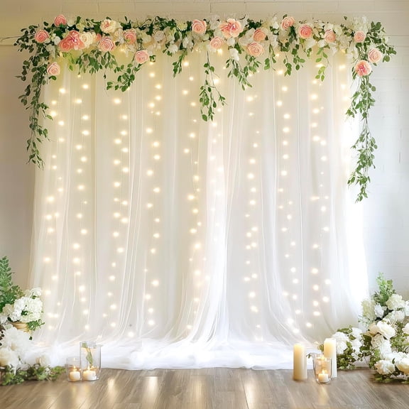 Tulle Backdrop Curtains with Lights String White Sheer Curtain with Lights for Wedding Birthday Party Photo Shoot