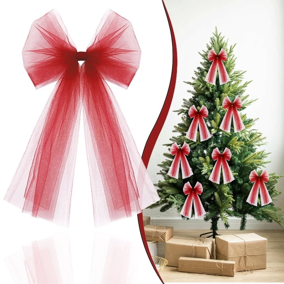 Tulle Bow,11.8x7.8 Inch Double Layer Tulle Christmas Bows,Soft Fabric Pre‑Formed Christmas Bow Knot,Decorative Sheer Ribbon Bow Decor,Coquette Tulle Holiday Bow Decoration for Party,Tree