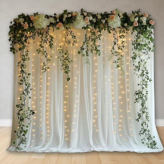 Tulle Curtain Backdrop with 300 LED Fairy Lights for Parties Wrinkle-Free Sheer Curtain Drapes Photo Back Drop for Wedding Bridal Shower Birthday Dance Home Décor, White