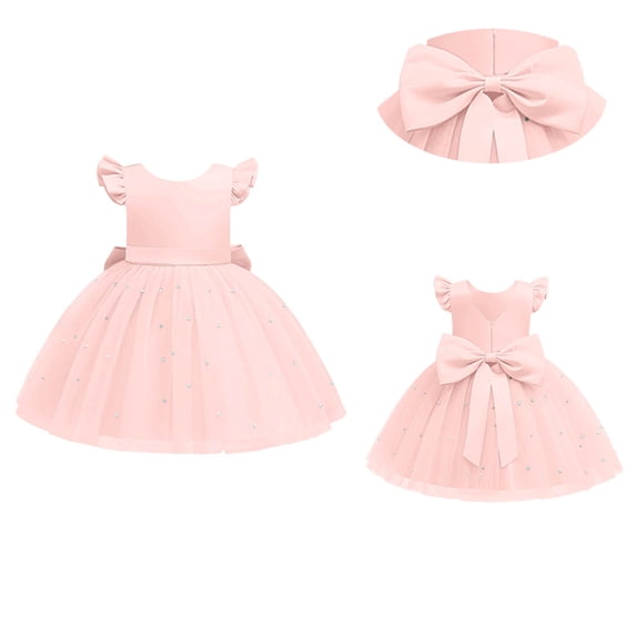Tulle Dress Flutter Sleeve Pink V-Back with Big Bow Birthday Dress Girls Girls Children's Day Outfit 6-7 Years