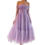 NEBZCIV Tulle Dress for Women Formal Wedding Purple Sparkly Graduation Strapless Tube Long Gown Evening Party Mesh Dress (X-Large, Purple)