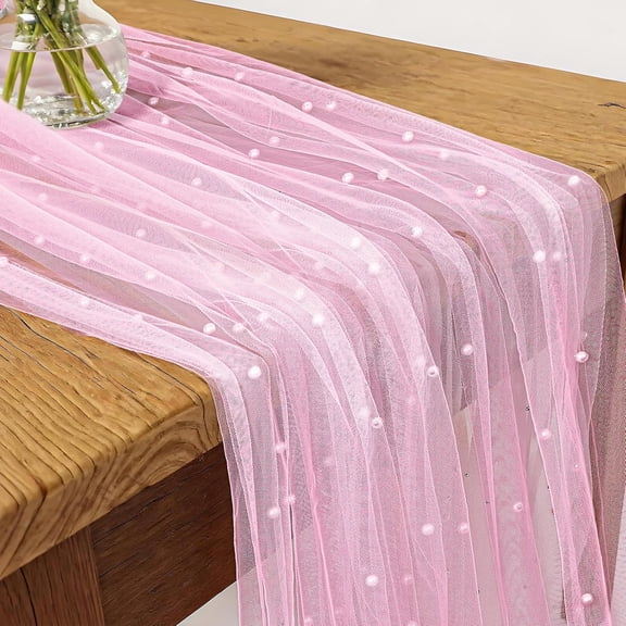 Tulle Fabric Lace Tables Runners, 10ft 2.6ft Light Pink Tulle Table Runner Pink Lace Table Runner with Pearl Rustic Boho Pearl Tables Runners for Bridal Shower Wedding Party Arch Veil Dessert Decor