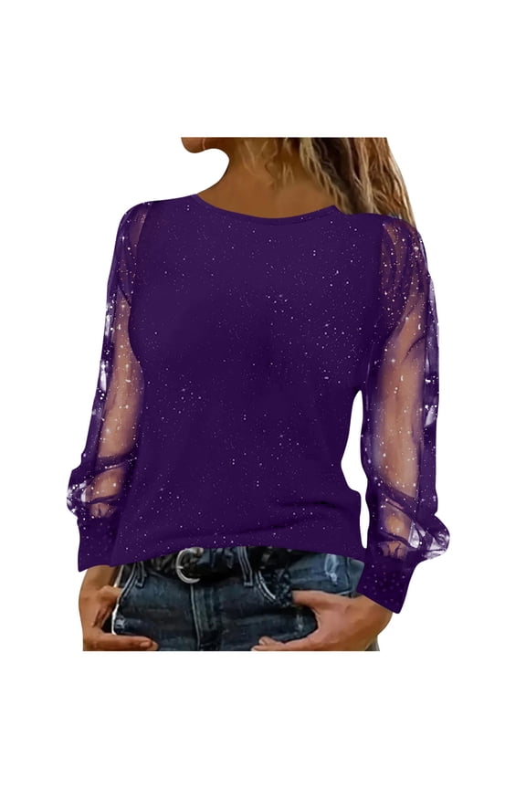 Tulle Patchwork Sequin Blouse for Women Long Sleeve Solid Crewneck Loose Lounge Pullover Shirt for Summer Purple M