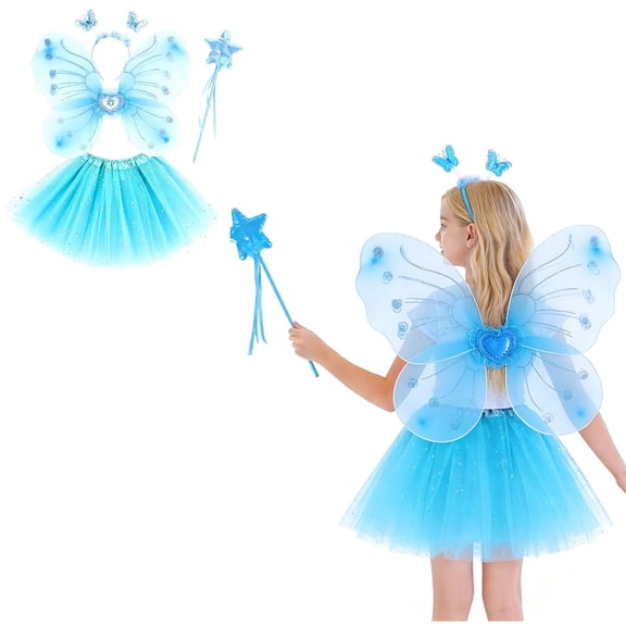 Tulle Skirt for Girls Layers Blue Tutu Sparkly Sequin Skirt with Wings and Hairband Elastic Waist Tulle Ballet Skirts Kid Dress Up Birthday Party 3-10 Years