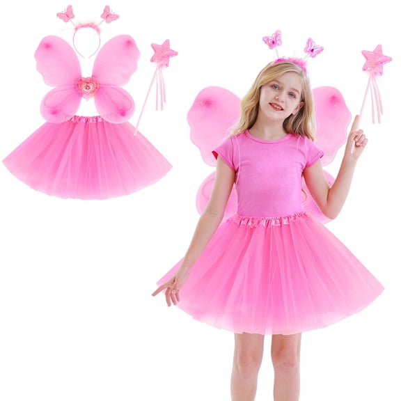 Tulle Skirt Layered Pink Tutuwith Wings and Hairband Elastic Waist Girls Ballet Tutu Skirts Birthday Dress 3-10 Years