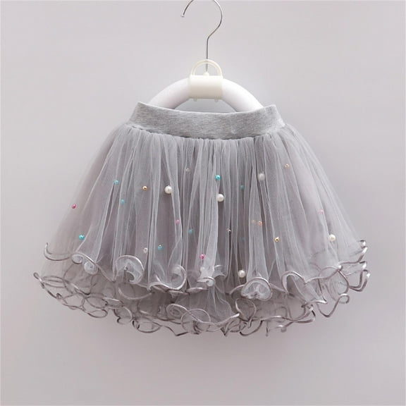Tulle Skirt Layers Grey Tutu Pearl Studded Skirt Elastic Waist Girls Ballet Tutus Girls Party Dress 7-8 Years