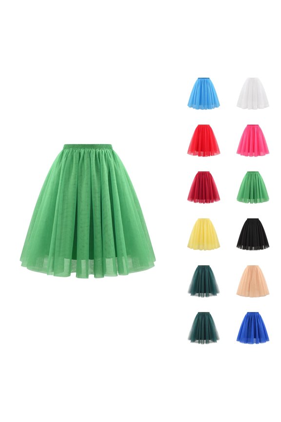 Tulle Skirts for Women Elastic Waist Pleated Mesh A Line Mid Length Puffy Skirt Adult Tutu Skirts Fluffy Dancing Skirt
